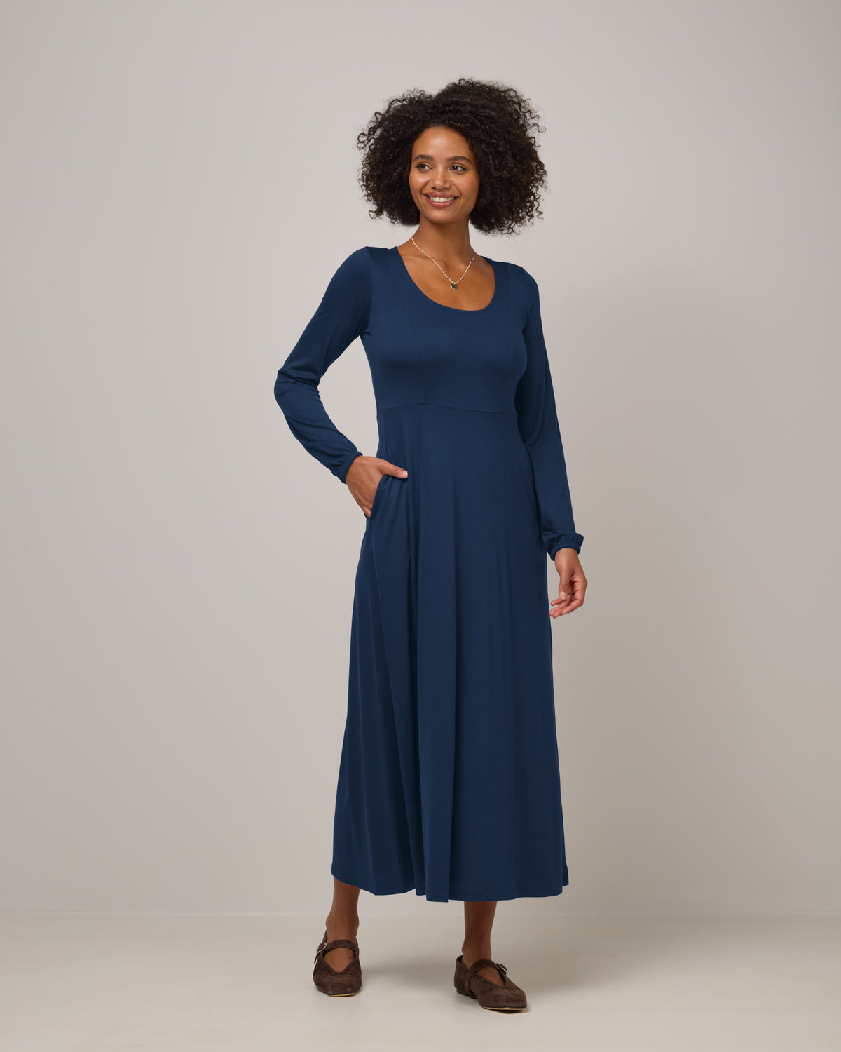 knee length dresses for ladies Ahna Merino Wool Empire Waist Dress - Marine Blue – Ahna Empire Waist Dress