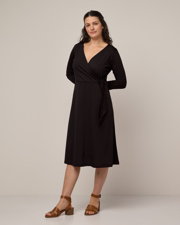 Ellie Merino Wool Midi Wrap Dress - Black - wool& Europe