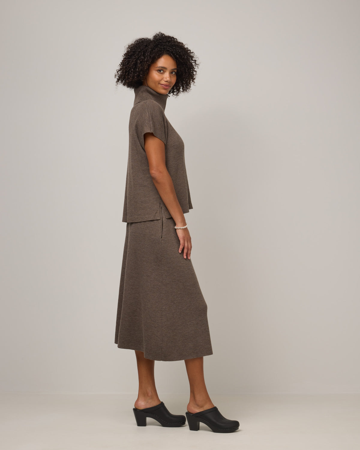 Wool Ginger Ginger Merino Wool Short Sleeve Cowl Neck Sweater - Brown Heather ...