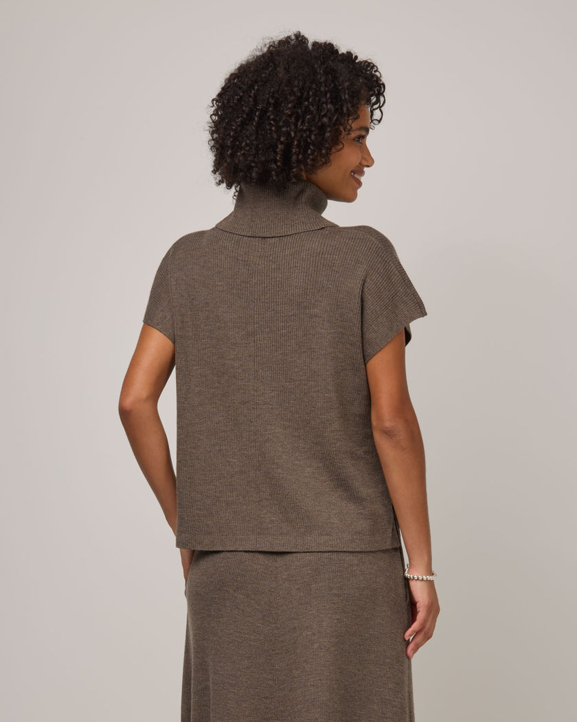 Wool Ginger Ginger Merino Wool Short Sleeve Cowl Neck Sweater - Brown Heather ...
