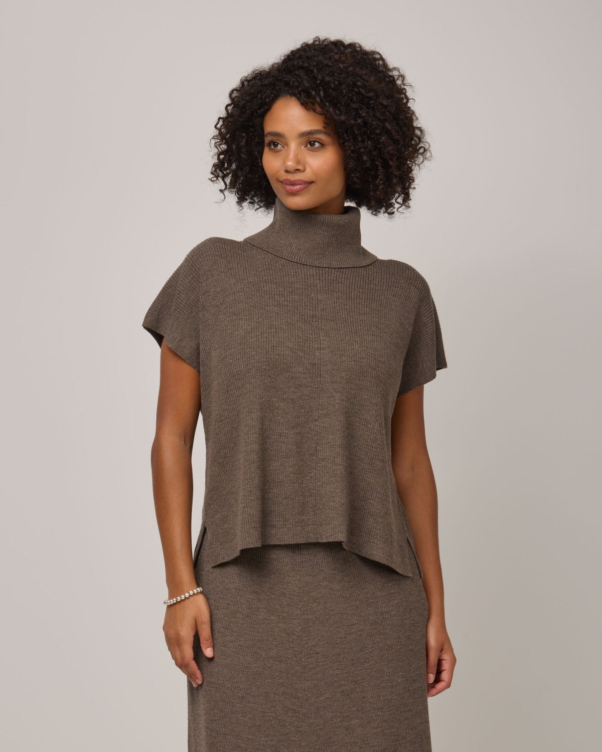 Wool Ginger Ginger Merino Wool Short Sleeve Cowl Neck Sweater - Brown Heather ...