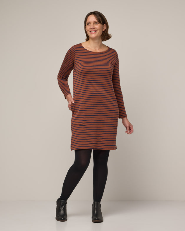 Margo Merino Wool Shift Dress Cinnamon Navy Stripe